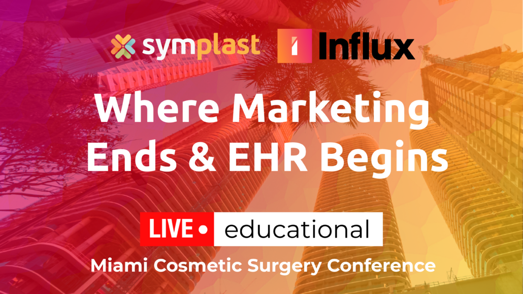 Title of Where Marketing Ends and EHR Begins on a pink and yellow gradient background overlaid on the Miami skyline.