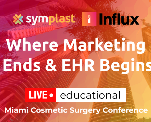 Title of Where Marketing Ends and EHR Begins on a pink and yellow gradient background overlaid on the Miami skyline.