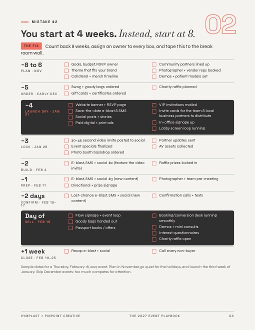 The 8-week event countdown page from the 2027 Event Playbook