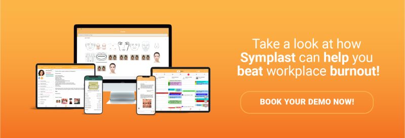 Orange background with Symplast EHR technology for plastic surgeons and medical spas. Call to action stating: Take a look at how Symplast can help you beat workplace burnout!